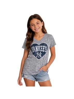New Era New York Yankees Girls Flip Sequin Heart Graphic T-Shirt Gray Size 10/12